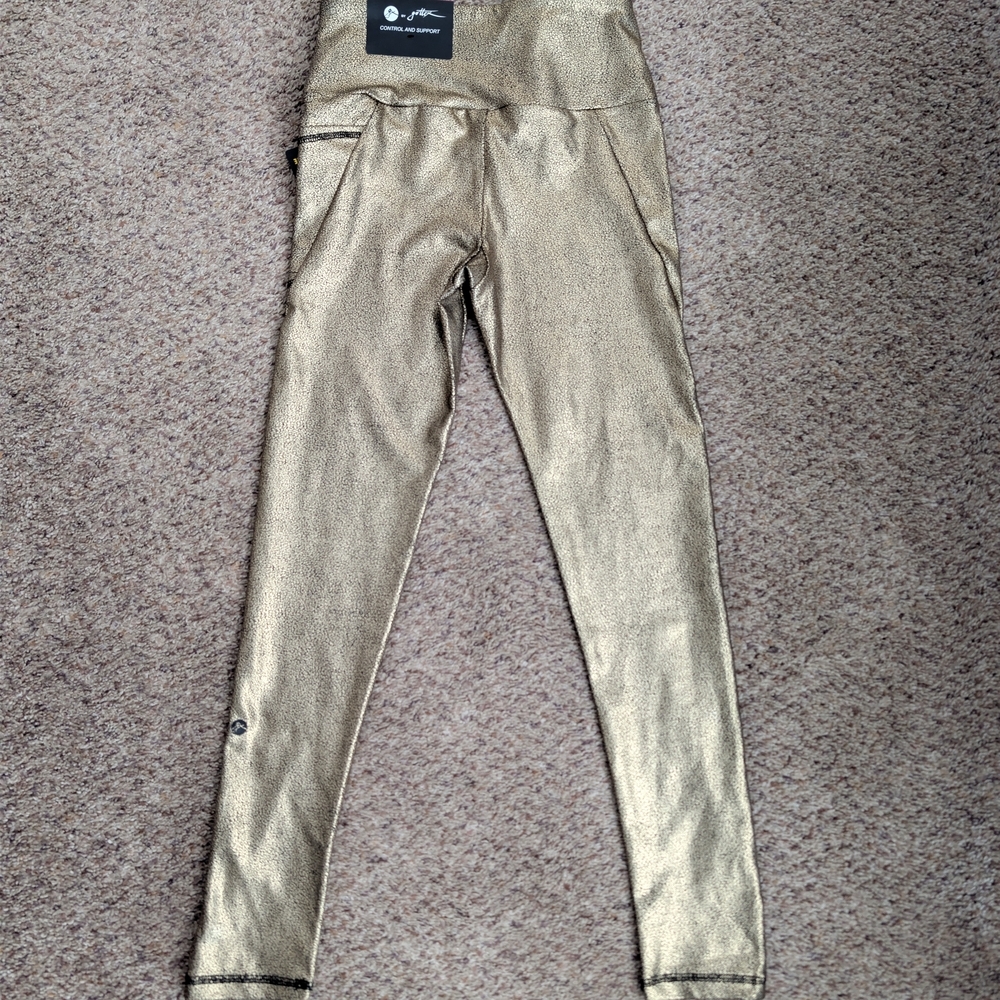GX by Gottex Gold Metallic Crackle Leggings XS NWT Tummy Control Compression